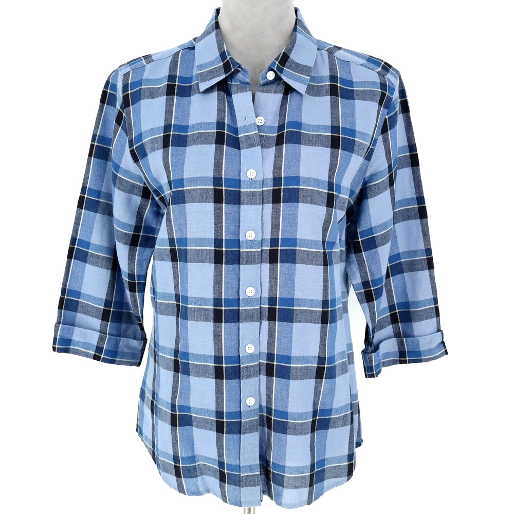 Talbots Top Womens Small Irish Linen Blend Blue Black Plaid Blouse Beach Coastal